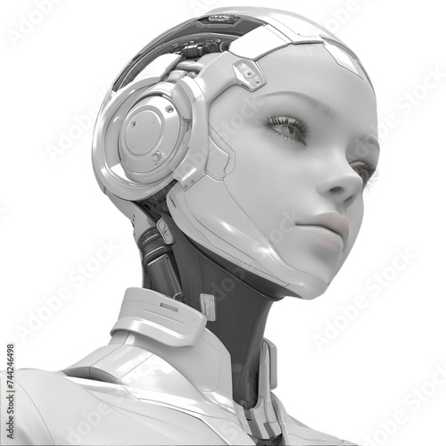 A beautiful robot girl. A futuristic female humanoid. A fantastic cyborg woman. Sci fi cyberpunk art. Hi-tech painting. The concept of artificial intelligence.