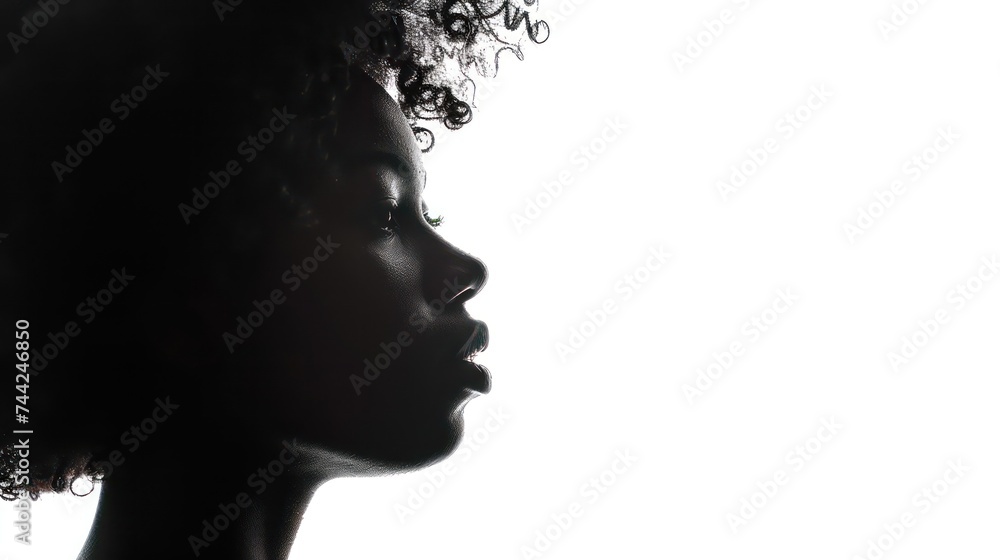 Black profile of an African woman on a white background, shaded silhouette, head and shoulders.