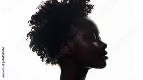 A black silhouette of an Afro American teenage girl, a profile view, isolated on the white background