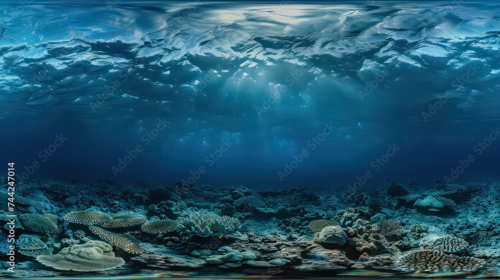 Dark blue ocean surface seen from underwater. Abstract waves underwater and rays of sunlight shining through. 3D illustration Dark blue ocean surface seen from underwater. Abstract waves underwater and rays of sunlight shining through. 3D illustration