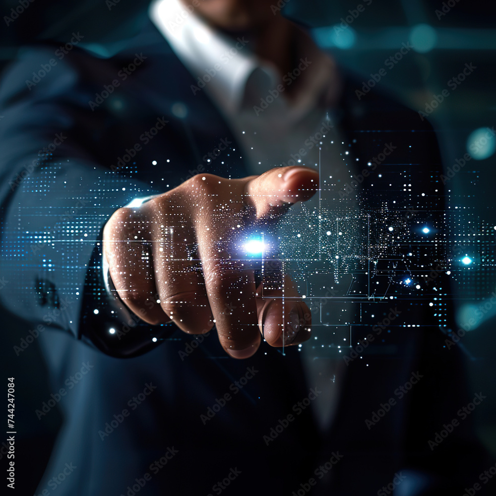 Close-up of businessman touching virtual digital Close-up of businessman touching virtual digital
