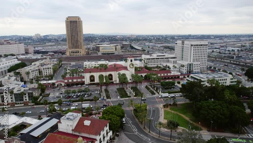 Aerial View of Union Station, Los Angeles CA USA. Historic Landmark and Transit Center, Drone Shot photo