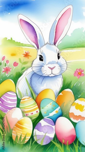 Holiday celebration banner with cute Easter bunny with decorated eggs and spring flowers on green spring meadow. Rabbit in landscape. Happy Easter greeting card, banner, festive background.Copy space © Anzelika