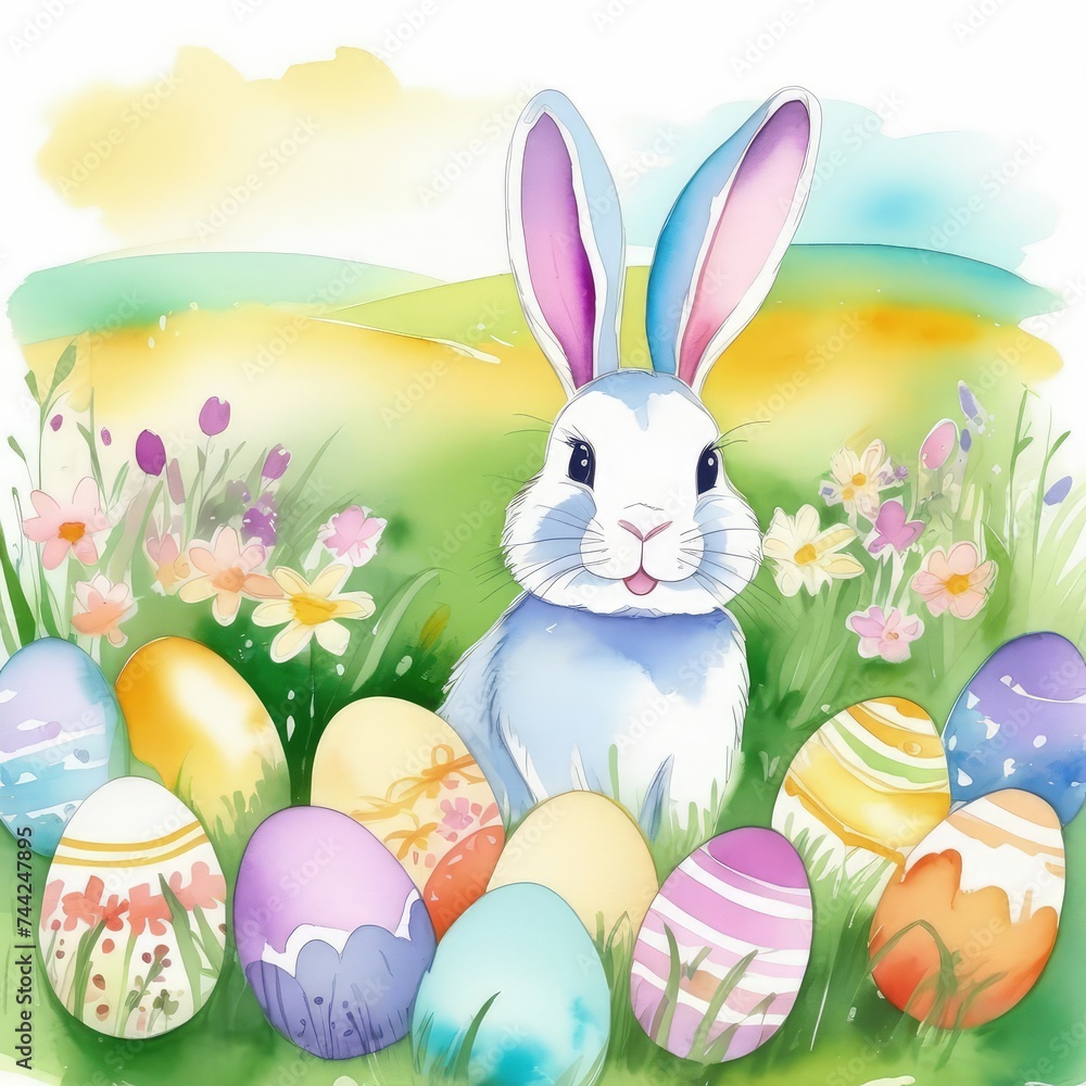 Holiday celebration banner with cute Easter bunny with decorated eggs and spring flowers on green spring meadow. Rabbit in landscape. Happy Easter greeting card, banner, festive background.Copy space Holiday celebration banner with cute Easter bunny with decorated eggs and spring flowers on green spring meadow. Rabbit in landscape. Happy Easter greeting card, banner, festive background.Copy space