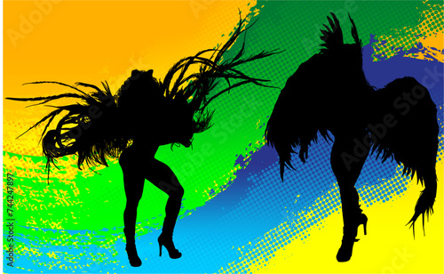 samba, baile, brasil, danza, carnaval, silueta, color, vector, pegatina, plumas, traje,  ilustracion, angel, diablo, pareja