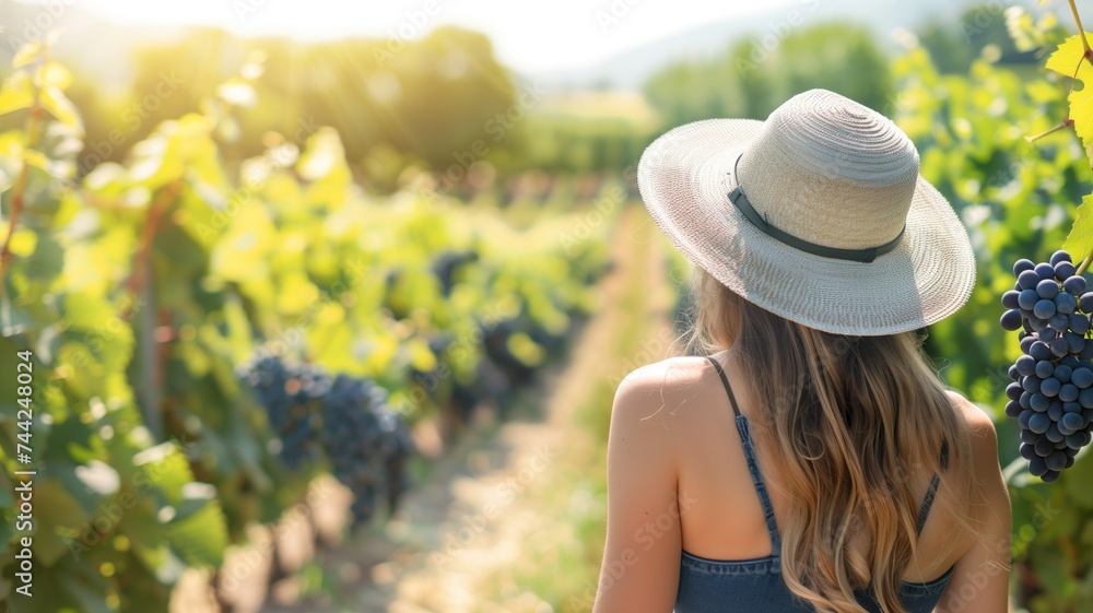 Woman in a straw hat picking grapes in a vineyard
