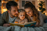 Parents reading a story together to their daughter in bed