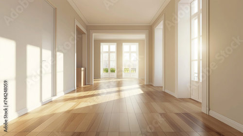 Interior of empty home living room with wooden floor