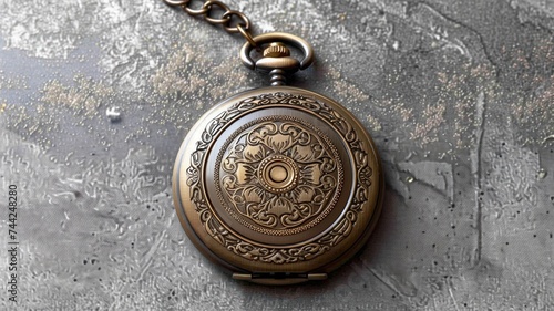 An ornate vintage pocket watch on a textured background