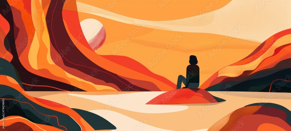 Melancholy human sitting in landscape thinking and contemplating. Beautiful warm nature and sunset in sky. Melancholic feeling concept. illustration.