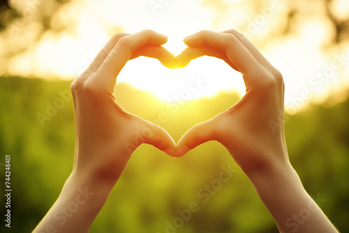 Human Hands Forming Heart Shape with Blur Green Landscape Background