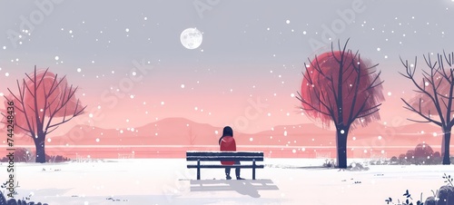Melancholy human sitting in landscape thinking and contemplating. Beautiful warm nature and sunset in sky. Melancholic feeling concept. illustration. #744248436