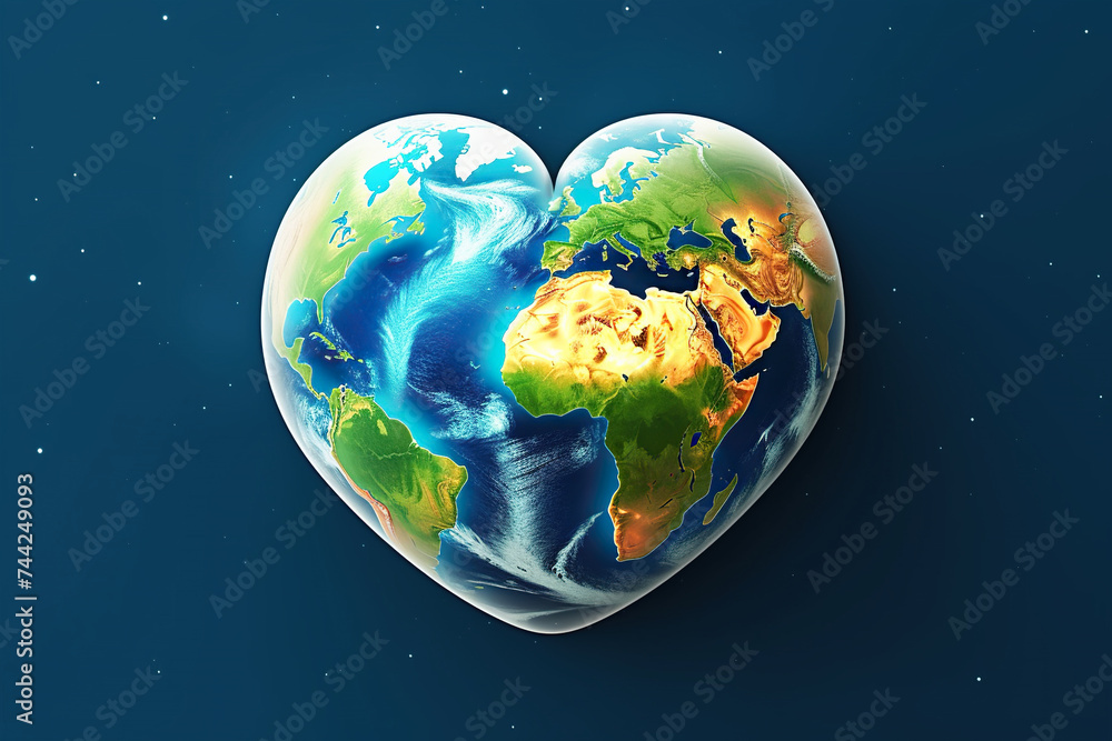 3D Heart-Shaped Globe on Blue Background. Love and Save Our Planet Earth Day or Environment Day Concept 3D Heart-Shaped Globe on Blue Background. Love and Save Our Planet Earth Day or Environment Day Concept