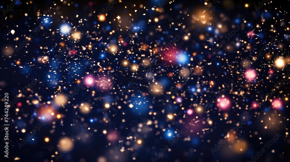Obraz premium Abstract defocused bakground. Creative blurred background in dark blue with golden sparkles, beautiful bokeh