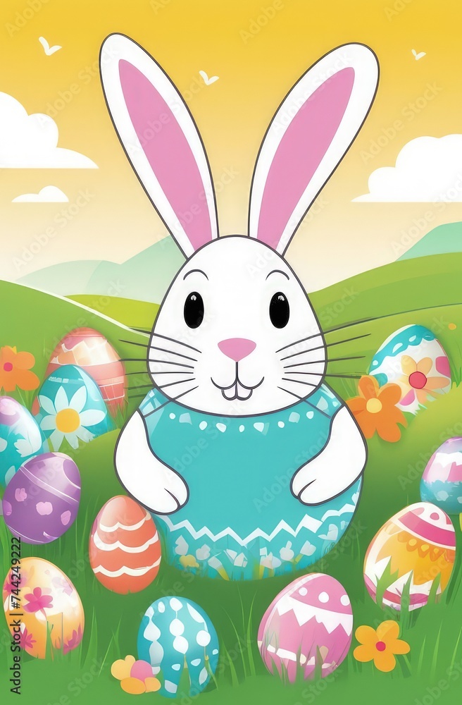 Holiday celebration banner with cute Easter bunny with decorated eggs and spring flowers on green spring meadow. Rabbit in landscape. Happy Easter greeting card, banner, festive background.Copy space Holiday celebration banner with cute Easter bunny with decorated eggs and spring flowers on green spring meadow. Rabbit in landscape. Happy Easter greeting card, banner, festive background.Copy space