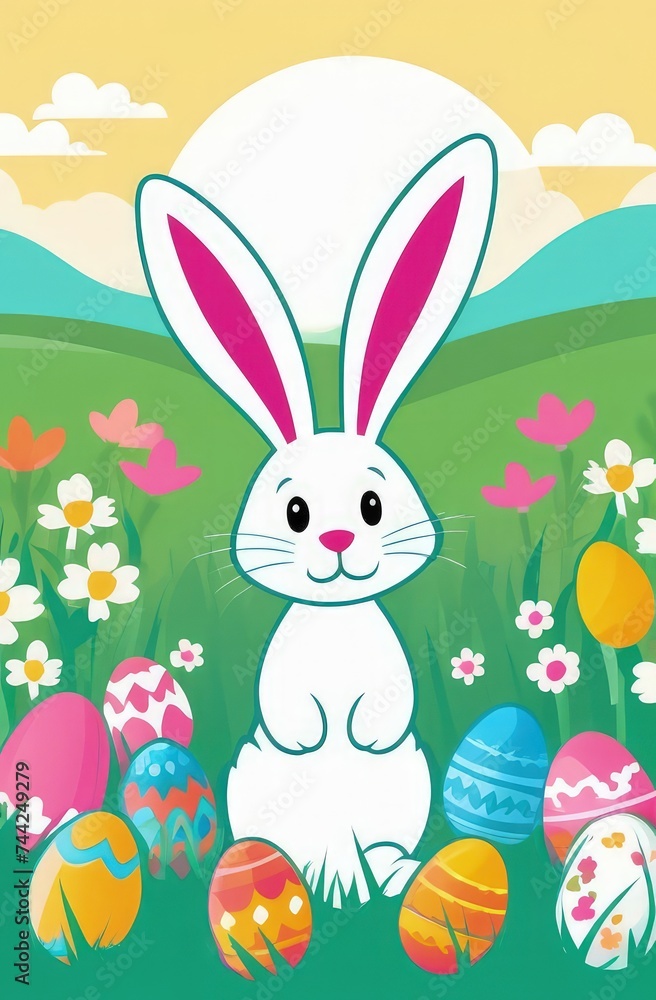 Obraz premium Holiday celebration banner with cute Easter bunny with decorated eggs and spring flowers on green spring meadow. Rabbit in landscape. Happy Easter greeting card, banner, festive background.Copy space