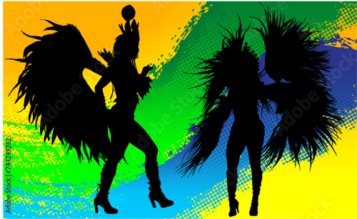 samba, baile, brasil, danza, carnaval, silueta, color, vector, pegatina, plumas, traje,  ilustracion, angel, diablo, pareja