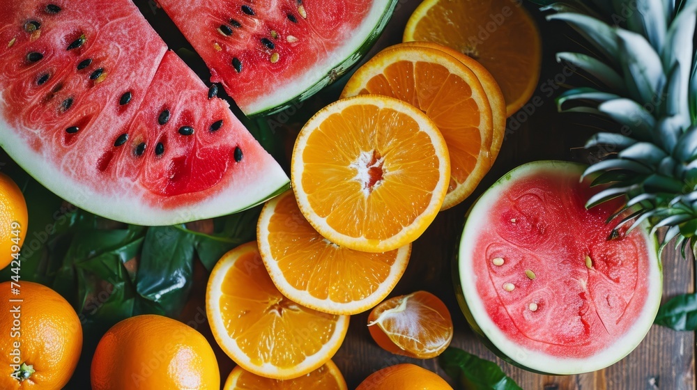 Watermelon slices with oranges and pineapple on a table generative ai Watermelon slices with oranges and pineapple on a table generative ai