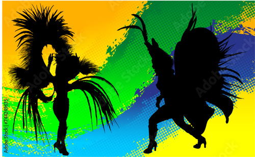 samba, baile, brasil, danza, carnaval, silueta, color, vector, pegatina, plumas, traje,  ilustracion, angel, diablo, pareja