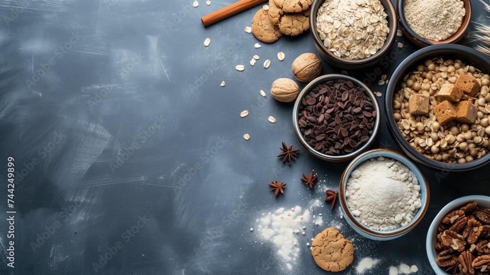 Assorted baking ingredients on a blue surface Assorted baking ingredients on a blue surface
