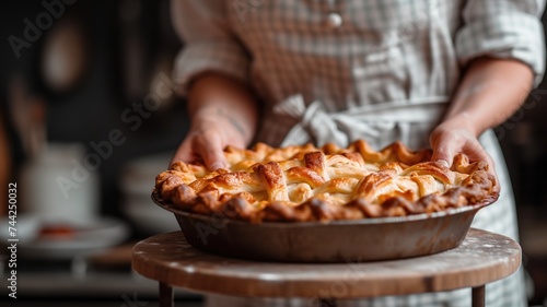 Hands presenting a freshly baked apple pie