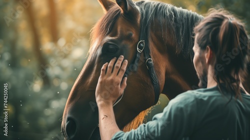 Person caressing a horse in the sunlight, nature setting #744250045