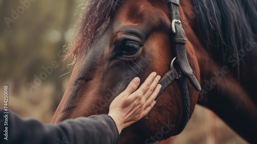 Close-up of a person's hand touching a horse's face