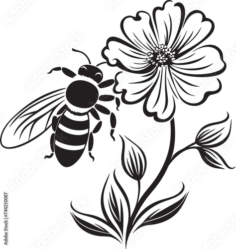 Pollinator Paradise Minimalist Black Vector Illustration Botanical Buzz Black Vector Icon with Flower and Bee