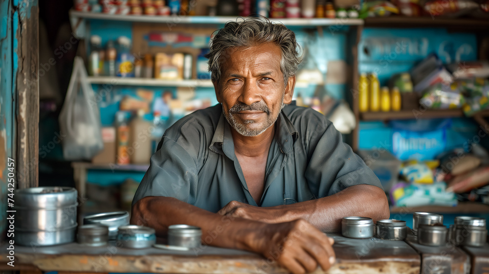 Successful small business owner sitting on background of his shop. Successful small business owner sitting on background of his shop.