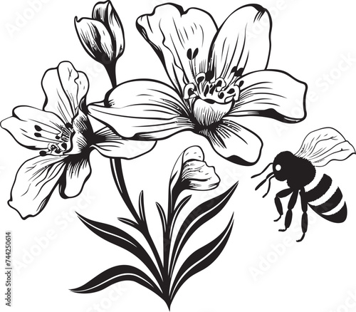 Natures Harmony Black Vector Flower Bud and Bee Iconography Buzzing Botany Minimalist Black Vector Design with Flower Bud and Bee