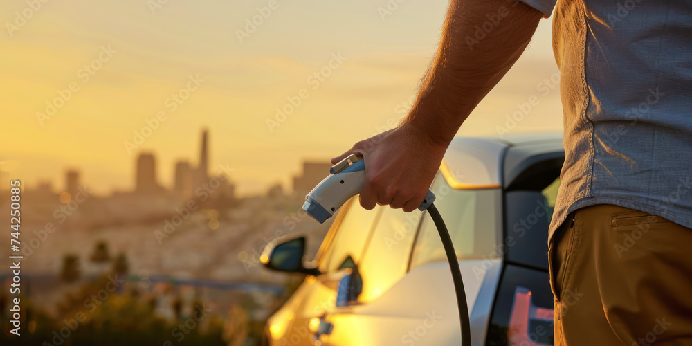 Man Charging Electric Vehicle During Sunset in Urban Landscape, Sustainable Transport. copy space Man Charging Electric Vehicle During Sunset in Urban Landscape, Sustainable Transport. copy space