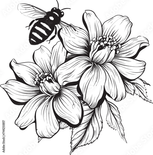 Floral Fantasy Minimalist Black Vector Design with Flower Bud and Bee Bee Blooms Vector Flower Bud and Bee Emblem in Black