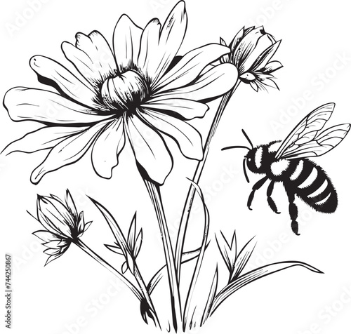 Floral Buzz Minimalist Black Vector Icon Bee and Blossom Black Vector Logo Design