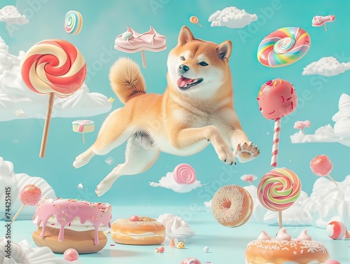 ice cream fantasy pastel , cat and dog in bakery land, soft Pastel sweet and flower on sky, dog and cat flying in candy land