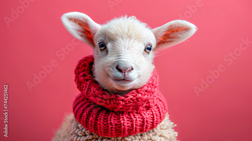 White Sheep Wearing Red Scarf on Pink Background photo