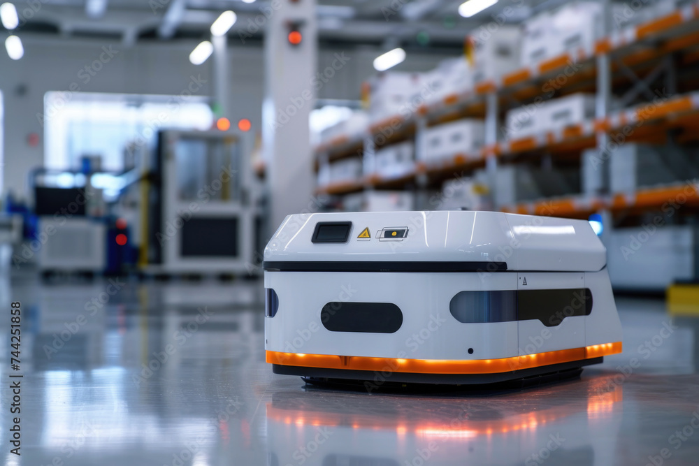 Self-guiding robot moves through a warehouse, optimizing logistics operations.