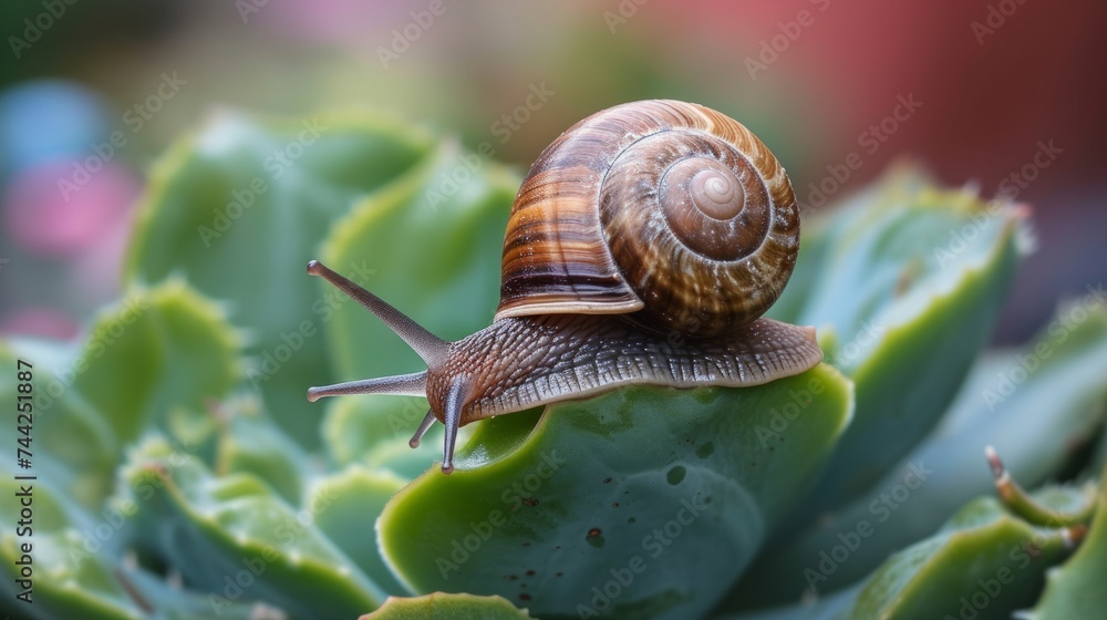 Snail on a soft succulent leaf generative ai Snail on a soft succulent leaf generative ai