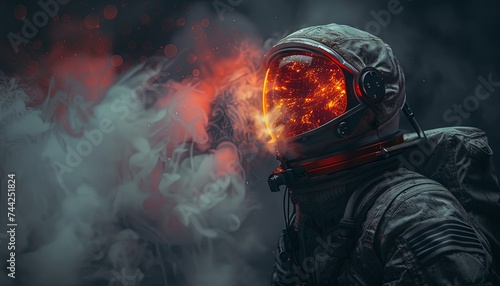 the astronaut on a dark background, in the style of post-apocalyptic backdrops. Generative AI