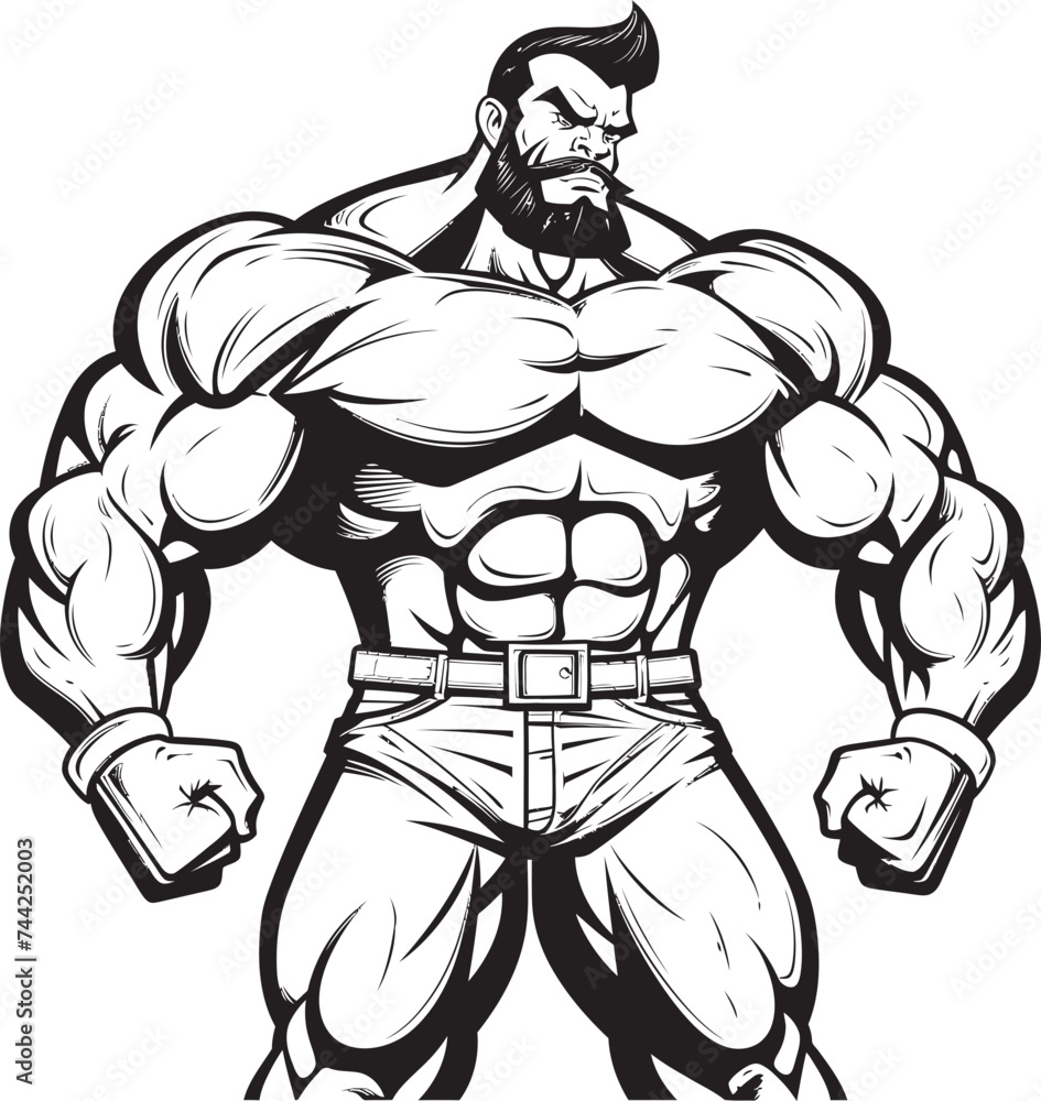 Fototapeta premium The Laughing Lumberjack Black Bodybuilder Caricature Fitness and Fun, Hand in Hand Cartoon Muscleman Icon in Vector