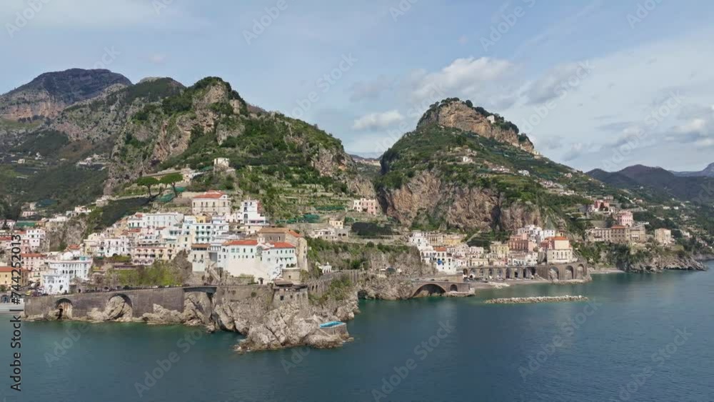 Atrani village and Castiglione beach on Amalfi Coast, Italy, with clear blue sea Atrani village and Castiglione beach on Amalfi Coast, Italy, with clear blue sea