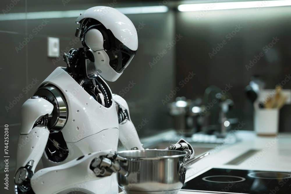 Humanoid robot chef skillfully preparing a meal in a high-tech kitchen setting. Humanoid robot chef skillfully preparing a meal in a high-tech kitchen setting.