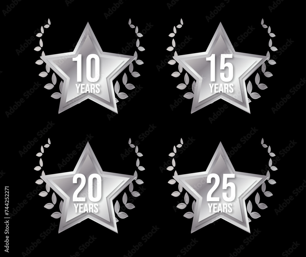 set of silver 10th to 25th anniversary stamps set of silver 10th to 25th anniversary stamps