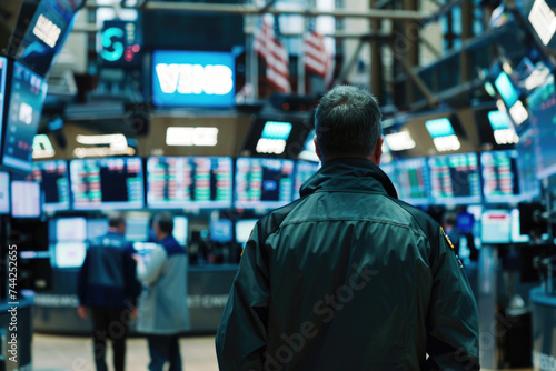 Man Observing the Dynamic Stock Market Displays at the Exchange with an Intrigued and Focused Look