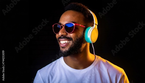 Portrait of bearded smiling man in headphones, sunglasses, white t-shirt listening to music