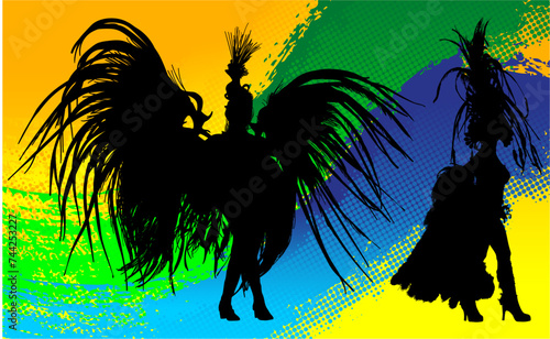 samba, baile, brasil, danza, carnaval, silueta, color, vector, pegatina, plumas, traje,  ilustracion, angel, diablo, pareja