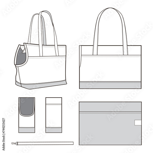 Canvas Pet Carrier Tote Bag Design Flat Sketch Vector Illustration