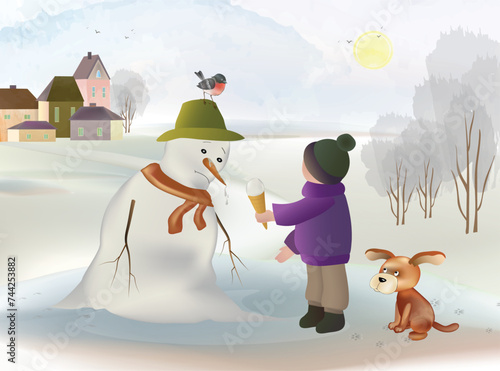 A small boy with a dog, brought ice cream for the snowman to cool down, because spring has begun and the snowman is melting on the backdrop of trees and a small town. Vector cartoon watercolor drawing