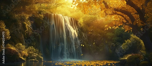 This photo depicts a captivating painting of a waterfall nestled amidst a stunning yellow leaf forest.