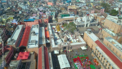 AERIAL view of Dashashwamedh Ghat, Kashi Vishwanath Temple and Manikarnika Ghat Manikarnika Mahashamshan Ghat Varanasi India photo