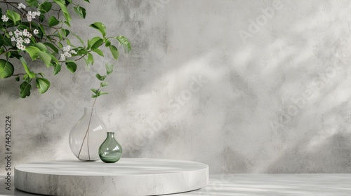 White, empty textured wall and stage background of a podium, generative ai